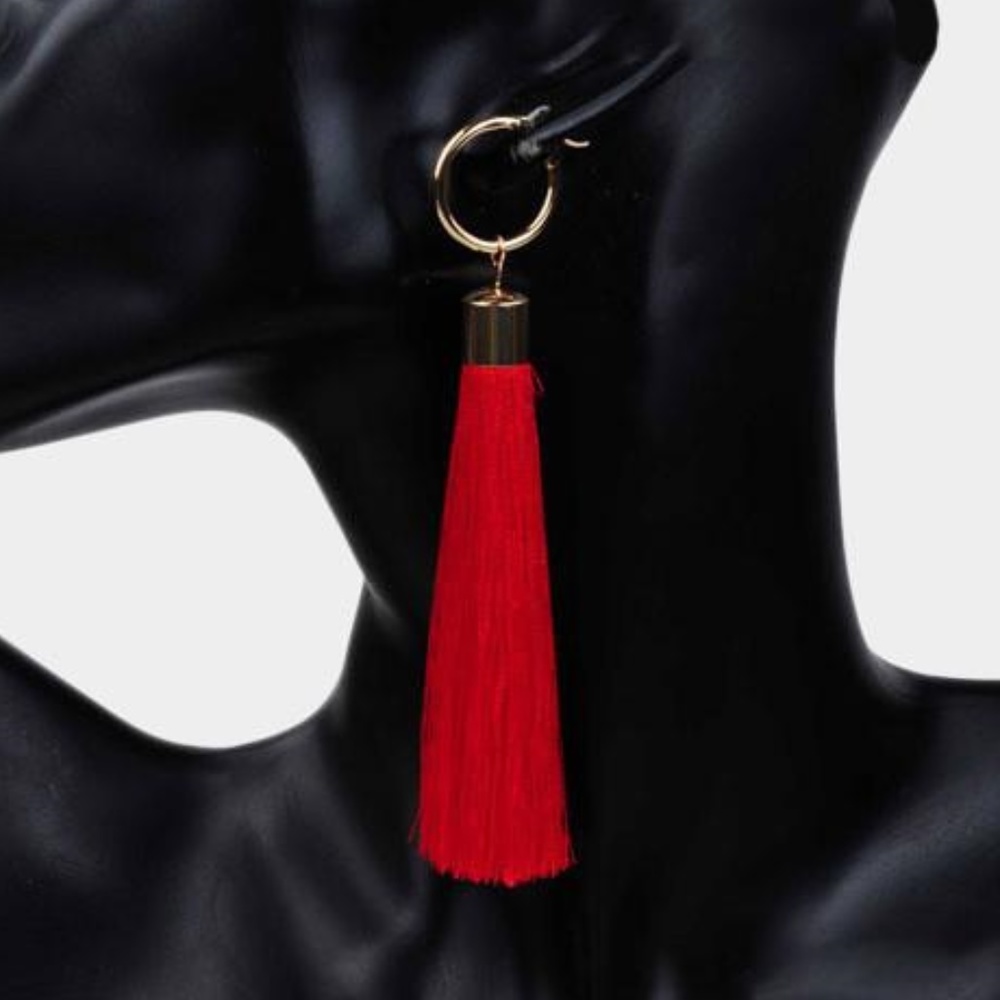 Long Red Tassel Metal Hoop Earrings
